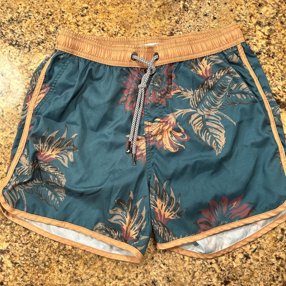 Men's Floral Teal and Orange Swim Trunks